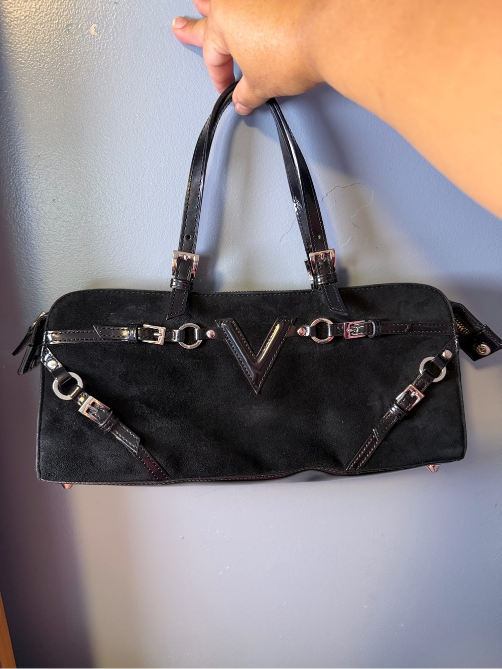 Via Spiga Black Suede Shoulder Tote with Patent Trim